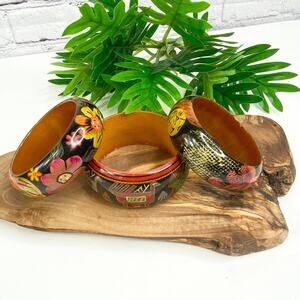 Hand Painted Chunky Wood Bracelets‎ Bangles Set/3 Bohemian Artsy Jewelry